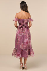 Sweet Composure Plum Floral Organza Off-the-Shoulder Midi Dress