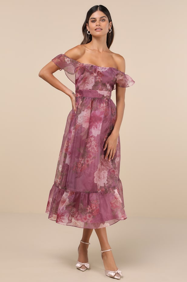 Sweet Composure Plum Floral Organza Off-the-Shoulder Midi Dress