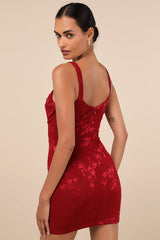 Ever So Flirty Wine Red Mesh Floral Cowl Bodycon Mini Dress