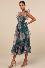 Sweet Composure Green Floral Organza Off-the-Shoulder Midi Dress