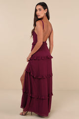 Sincerely Poised Plum Purple Backless Bustier Tiered Maxi Dress