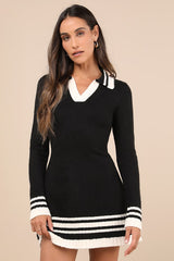 Soft Serenity Black and Ivory Collared Sweater Mini Dress