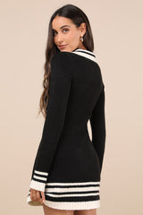 Soft Serenity Black and Ivory Collared Sweater Mini Dress