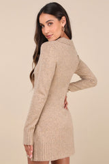 Soft Serenity Heather Taupe Collared Sweater Mini Dress