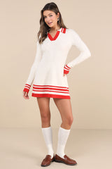 Soft Serenity Heather Ivory and Red Collared Sweater Mini Dress