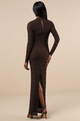 Trendsetting Design Brown Textured Long Sleeve Maxi Dress