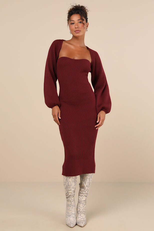 Autumn Aura Burgundy Ribbed Two-Piece Sweater Dress