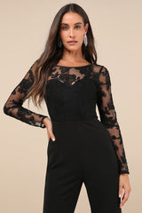 Write Your Own Romance Black Embroidered Long Sleeve Jumpsuit
