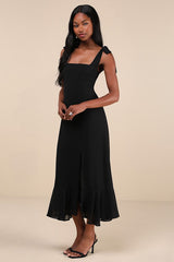 Summer Invite Black Tie-Strap Tiered Midi Dress