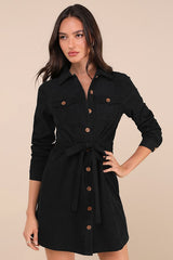 Simple Affection Black Corduroy Mini Dress With Pockets