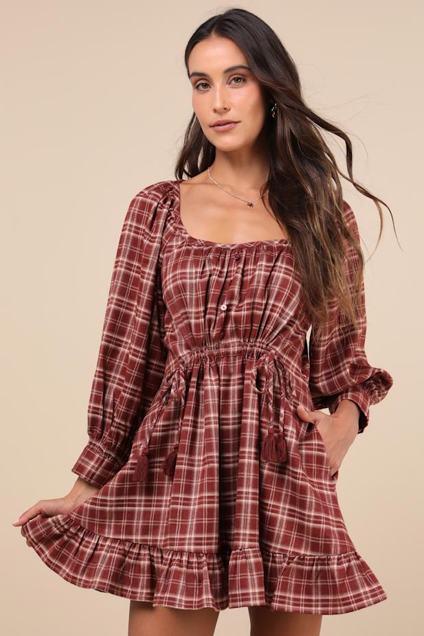 Autumn Perfection Red Plaid Mini Dress With Pockets