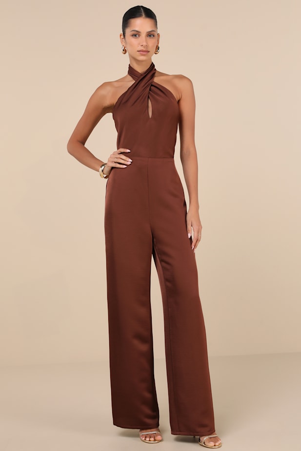 Beyond Classy Brown Satin Halter Wide-Leg Jumpsuit