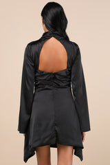 Sultry Elevation Black Satin Long Sleeve Cutout Mini Dress
