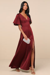 Elegant Confidence Red Satin Flutter Sleeve Cutout Maxi Dress