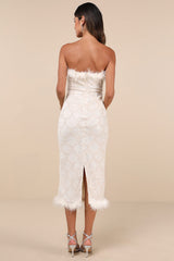 Uniquely Confident Cream Lace Feather Strapless Midi Dress