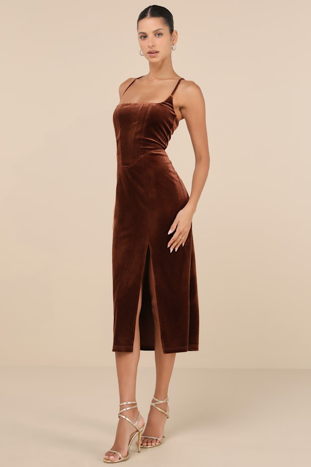 Gorgeous Composure Brown Velvet Lace-Up Sleeveless Midi Dress