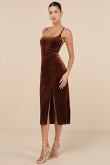 Gorgeous Composure Brown Velvet Lace-Up Sleeveless Midi Dress