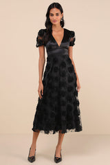 Gorgeous Elevation Black Lace Rosette Puff Sleeve Midi Dress