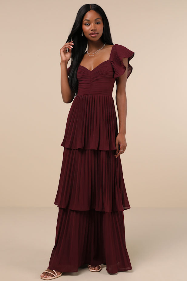 Notorious Charm Plum Purple Pleated Flutter Sleeve Maxi Dress
