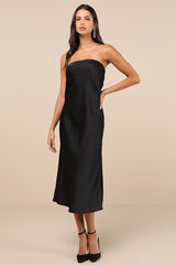 Effortless Bliss Black Satin Strapless Cowl Back Midi Dress