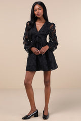 Gorgeous Outcome Black Mesh 3D Applique Long Sleeve Mini Dress