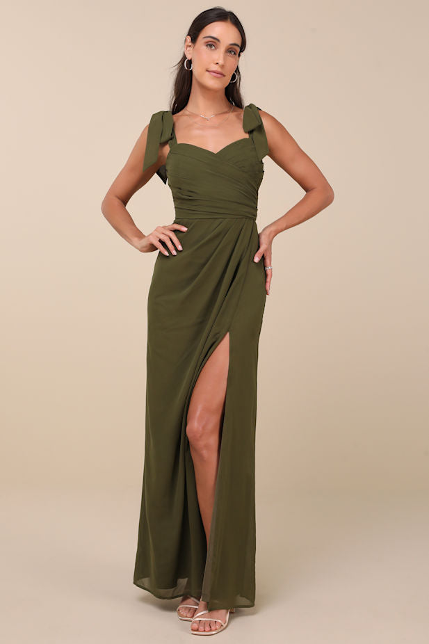 Gorgeous Whimsy Olive Pleated Off-the-Shoulder Maxi Dress