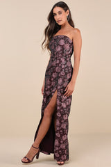 Demure Muse Plum Purple Floral Jacquard Strapless Maxi Dress
