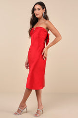Luxe Crush Red Satin Rhinestone Bow Strapless Midi Dress