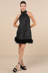 Magnetic Darling Shiny Black Sequin Feather Shift Mini Dress