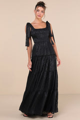 Picturesque Allure Black Jacquard Tie-Strap Maxi Dress