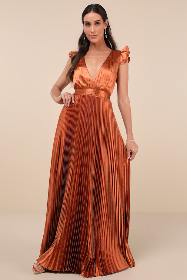 Exceptional Drama Rust Orange Satin Lace-Up Pleated Maxi Dress