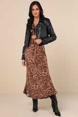 Kelsey Brown Leopard Print Satin Lace Cutout Midi Dress