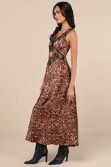 Kelsey Brown Leopard Print Satin Lace Cutout Midi Dress