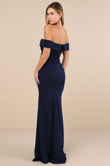 Elegant Perception Navy Blue Off-the-Shoulder Bow Maxi Dress