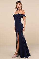 Elegant Perception Navy Blue Off-the-Shoulder Bow Maxi Dress
