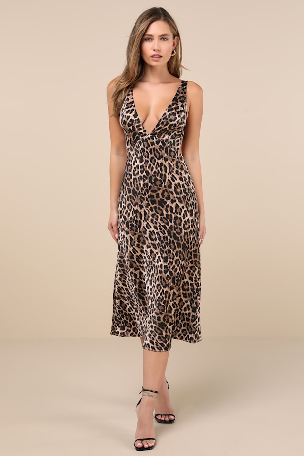 Unmatched Elegance Tan Leopard Satin Sleeveless Midi Dress