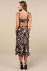 Unmatched Elegance Tan Leopard Satin Sleeveless Midi Dress