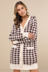 Truly Iconic Ivory and Brown Houndstooth Cardigan Sweater Dress