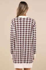 Truly Iconic Ivory and Brown Houndstooth Cardigan Sweater Dress