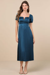 Flawless Forever Teal Satin Pleated Midi Dress