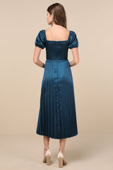 Flawless Forever Teal Satin Pleated Midi Dress