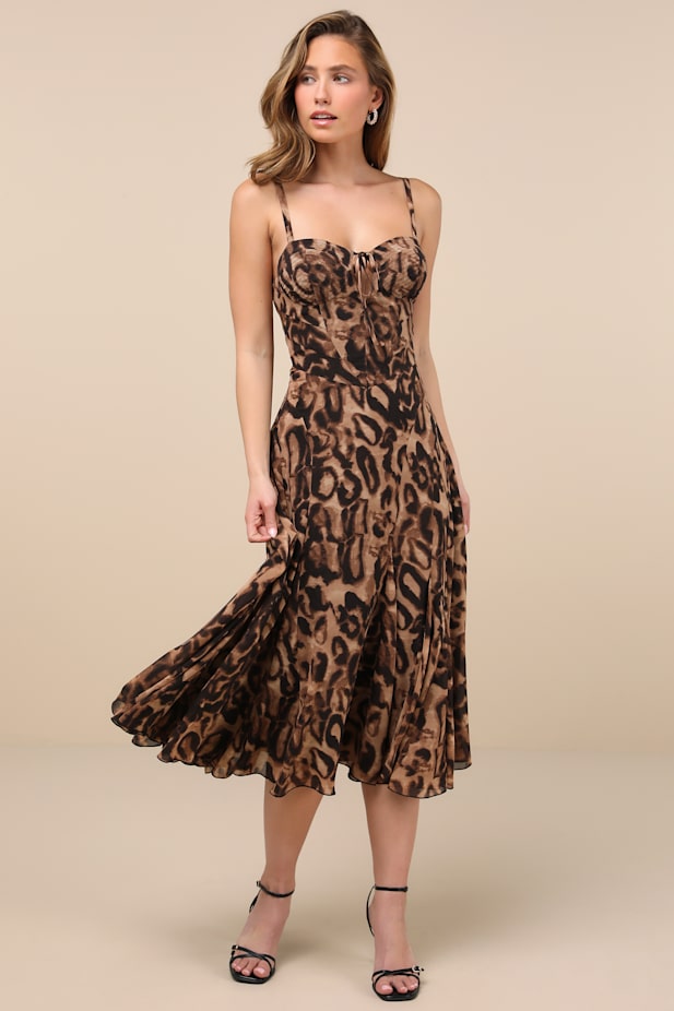 Enticing Invite Brown Leopard Print Pleated Midi Dress