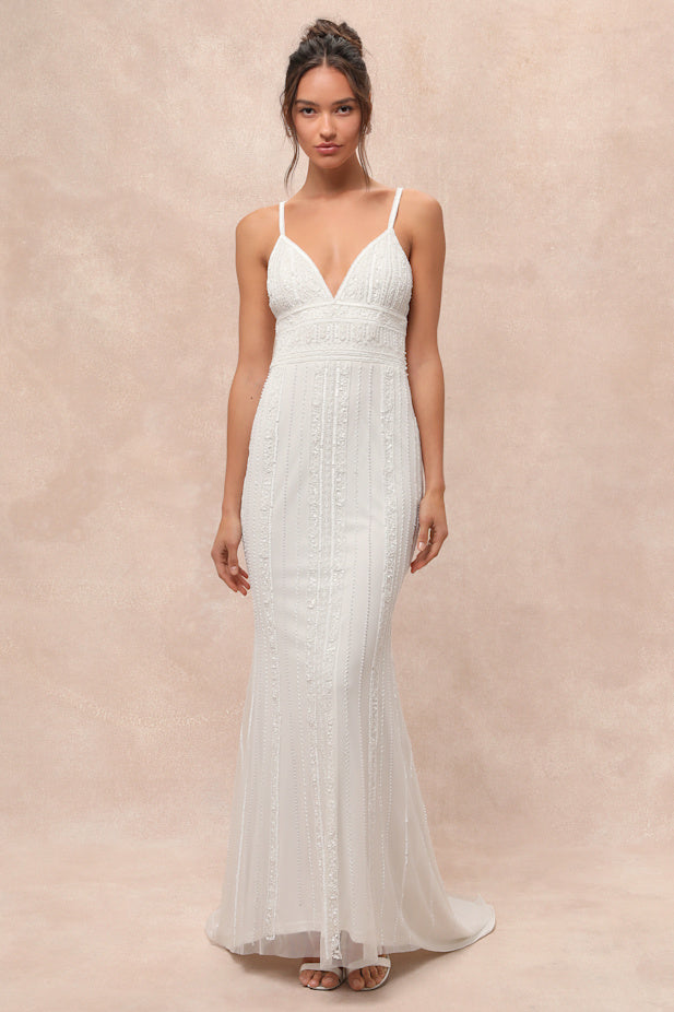 Stunning Vow White Beaded Sequin Maxi Dress