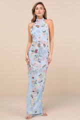 Infinite Praise Blue 3D Floral Embroidered Halter Maxi Dress