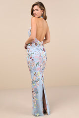 Infinite Praise Blue 3D Floral Embroidered Halter Maxi Dress