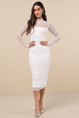 Impressive Flirt White Mesh Ruched Mock Neck Midi Dress