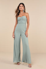 Certainly Charming Sage Pleated Strapless Wide-Leg Jumpsuit