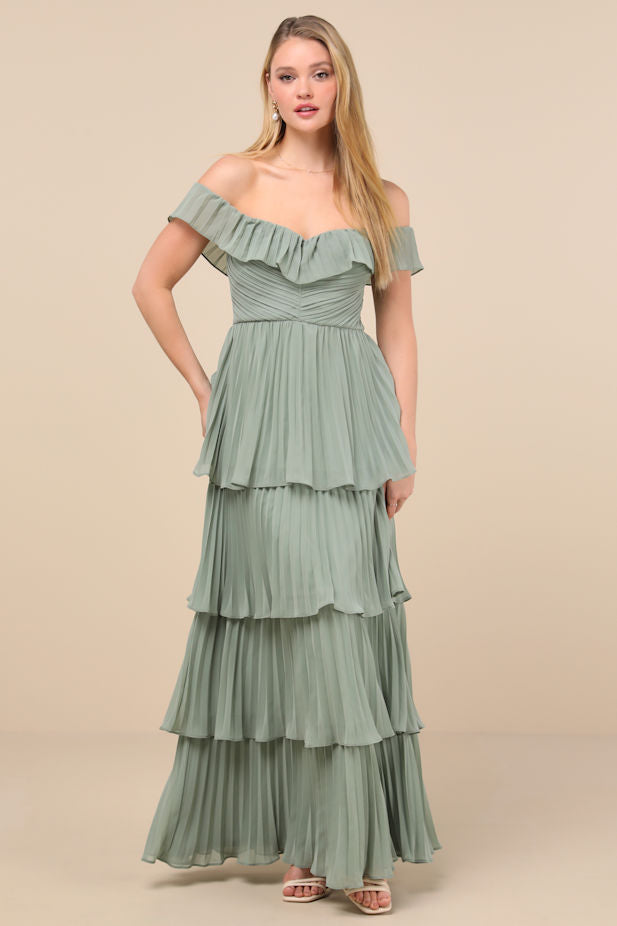 Always Remarkable Sage Brush Pleated Off-the-Shoulder Maxi Dress