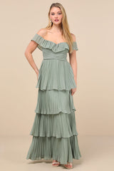 Always Remarkable Sage Brush Pleated Off-the-Shoulder Maxi Dress