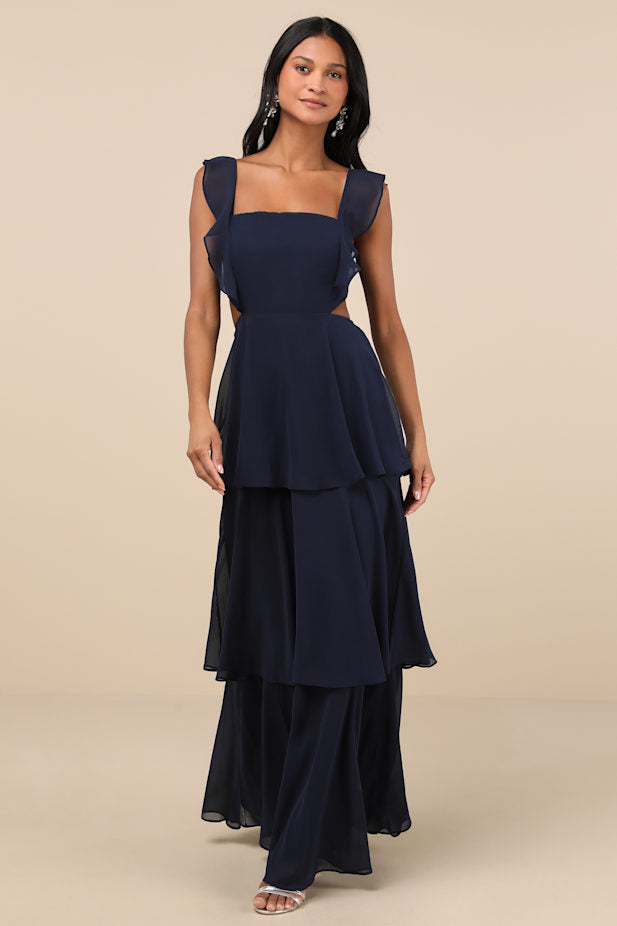 Elegant Event Navy Ruffled Tie-Back Tiered Maxi Dress